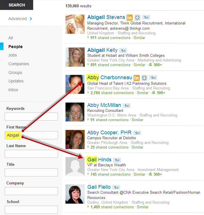 LinkedIn search for Abigail returns Abby and Gail