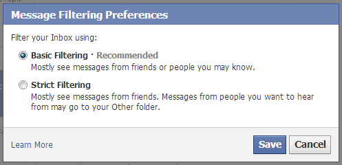 Facebook inbox messages filter options