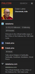 Falcon.io's social discovery results for the Dalai Lama. Looks like he doesn't follow anyone - how engaging. It appears enlightenment via Twitter only works one way. :)