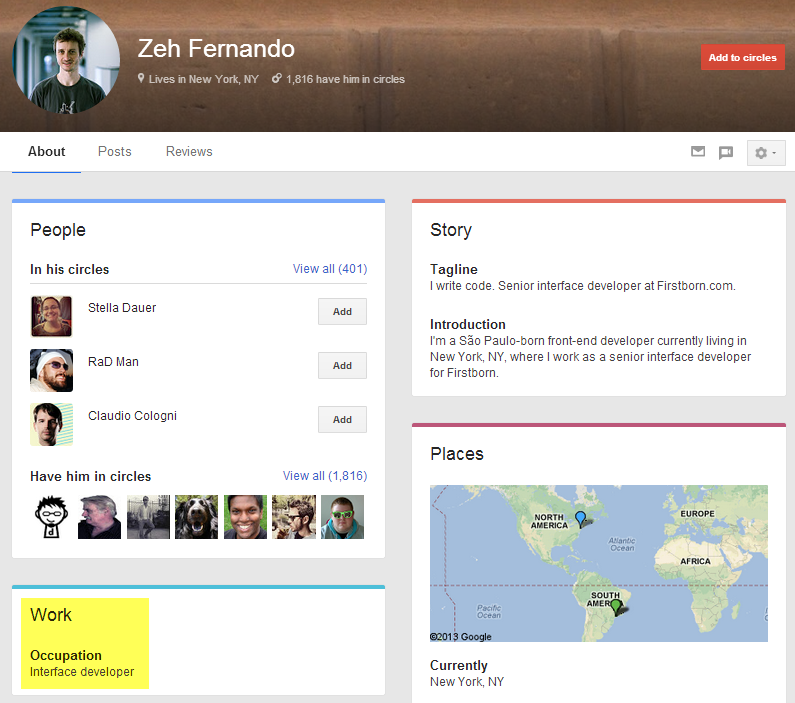 Google+ search result profile with no current employer. Kind of. :)