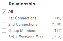LinkedIn search results with a free account default to ALL, including 1st, 2nd, 3rd, and group connections LinkedIn Default ALL