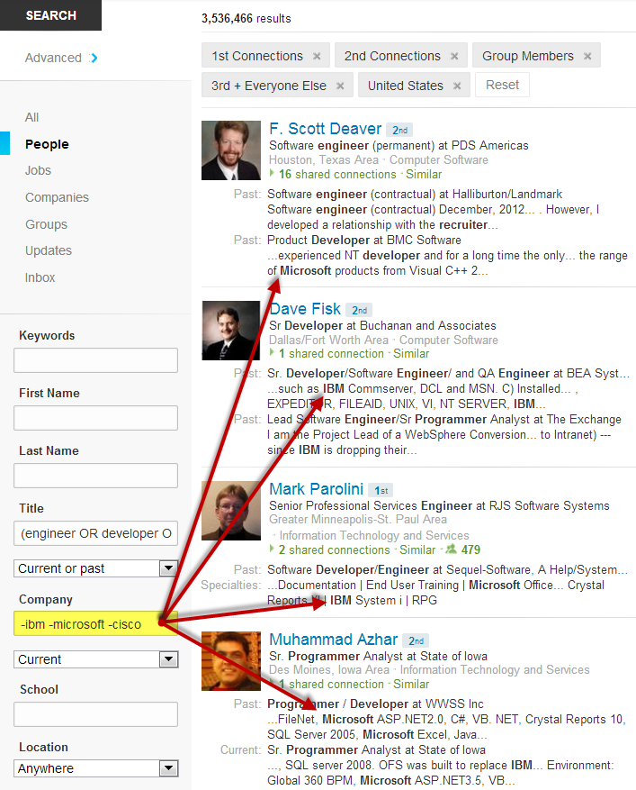 LinkedIn search error - company names I am trying to exclude using the -/NOT operator are showing up as positive keyword hits elsewhere in the profiles LinkedIn Search Anomaly NOT company names show up in keywords