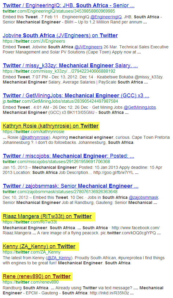 Google X-Ray Search of Twitter for Mechanical Engineers in South Africa 1