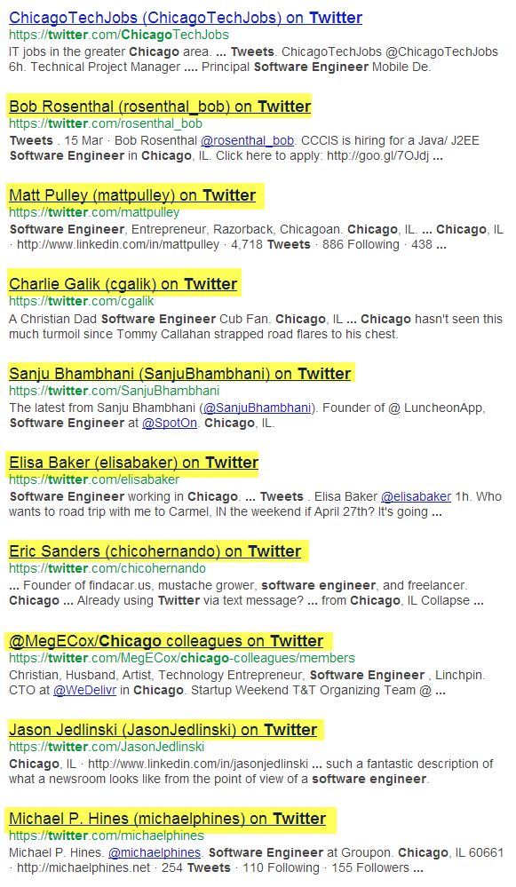 Google X-Ray search of Twitter for Software engineers in Chicago