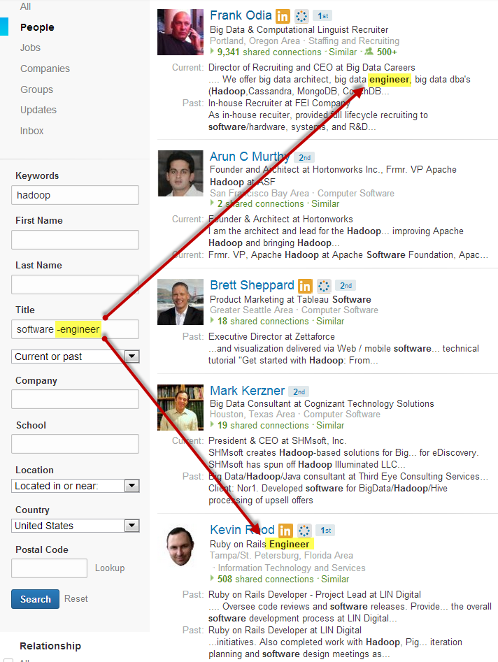 LinkedIn New Search NOT current title shows up as highlighted keyword hit elsewhere