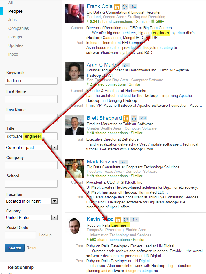LinkedIn is showing positive keyword hits for a term I am excluding with the Boolean NOT operator in the title field LinkedIn New Search NOT current title shows up as highlighted keyword hit elsewhere