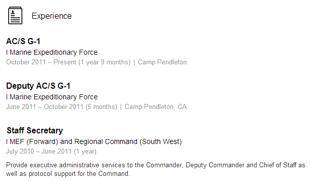 Veteran Sourcing LinkedIn Example 1 MEF Marine Marines