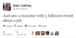 My tweet about seeing a recruiter with 3 followers tweet about a job opeing