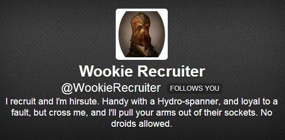 Wookie Recruiter Twitter Bio