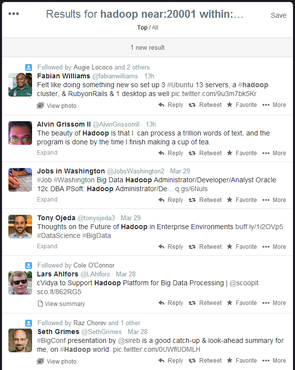 Twitter search for Hadoop in the Washington DC Metro Area